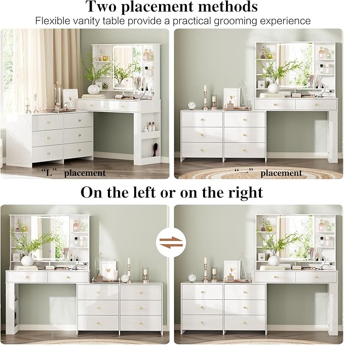 Makeup Vanity Desk with Mirror and Lights, Vanity Desk with 8 Drawers & Storage Shelves, Vanity Table with Power Outlet, 3 Color Modes & Adjustable Brightness Dressing Table, Bedroom,White2