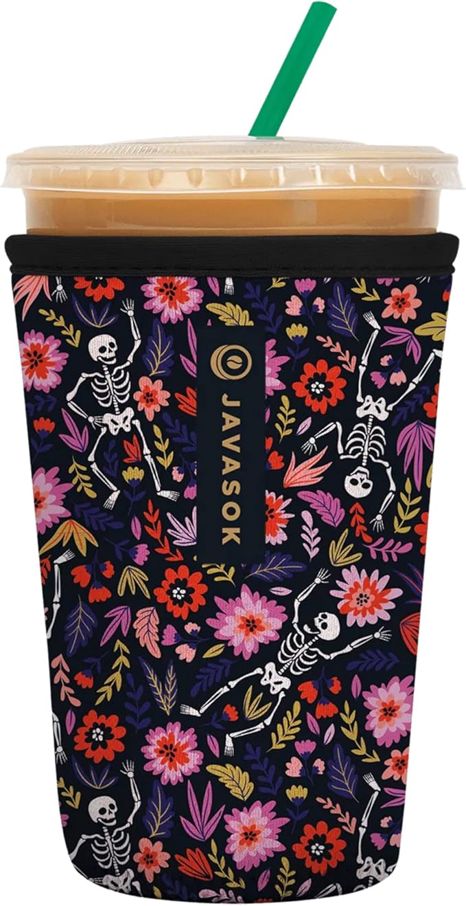 Sok It JavaSok Iced Coffee & Cold Soda Insulated Neoprene Cup Sleeve (Floral Skeleton, Medium: 22-28oz)