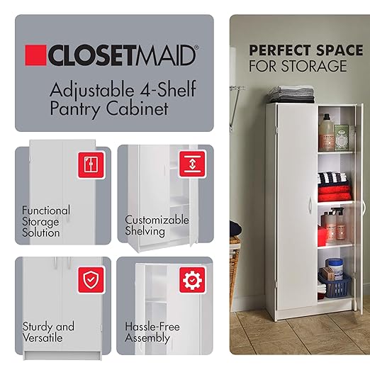 ClosetMaid Pantry Cabinet Cupboard with 2 Doors, Adjustable Shelves, Standing, Storage for Kitchen, Laundry or Utility Room, White