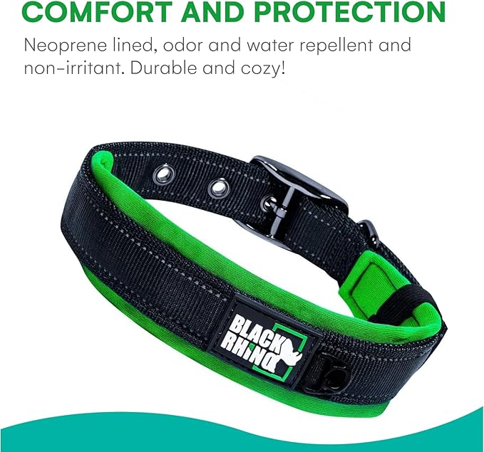 Black Rhino Extra Large Dog Collars - Adjustable Reflective Heavy Duty Wide Dog Collar with Ultra-Soft Neoprene Padding - Weatherproof, Durable, and Comfortable for Active Dogs - Green and Black