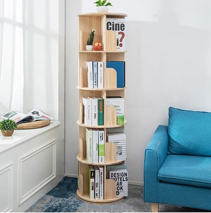 Heehee Wooden Rotating Bookshelf 360 Display Floor Standing Bookcase Storage Rack for Kids&Adults Multi-Functional Bookshelf Organizer (5-Tier)
