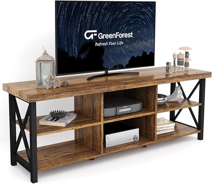 GreenForest TV Stand for TV up to 65 inches, Entertainment Center with 6 Storage Cabinet for Living Room, 55 inch Farmhouse Television Stands Console Table, TV Stands for Living Room, Walnut