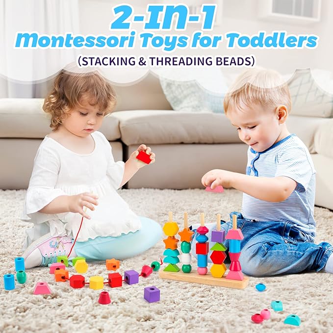 Montessori Wooden Beads Sequencing Toy Set, Stacking Blocks & Lacing Beads & Matching Shape Stacker for 2 3 4 5 Year Old STEM Preschool Learning Montessori Toys Gifts for Kids Boy Girl Toddler