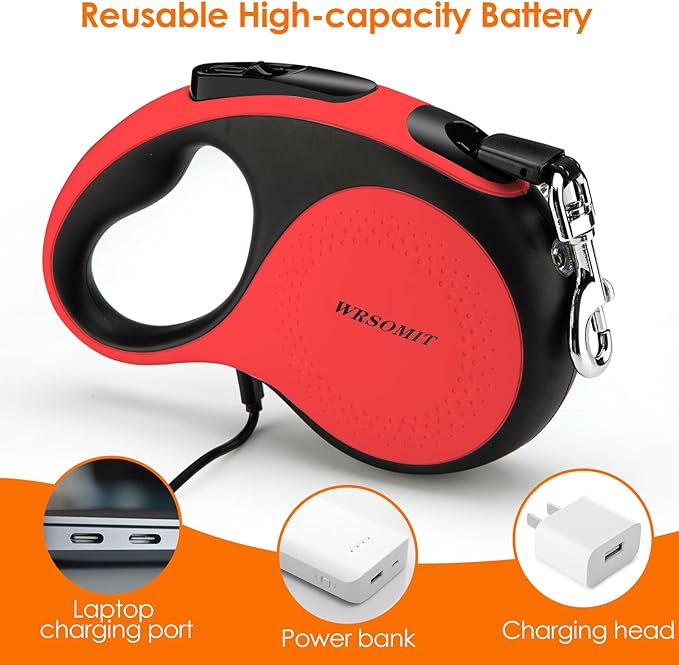 Retractable Dog Leash with Chew Proof Cable and LED Flashlight, 16Ft Heavy Duty Dog Leash for Medium Large Dogs up to 110lbs, 360째 No Tangle (Red+16ft+LED)