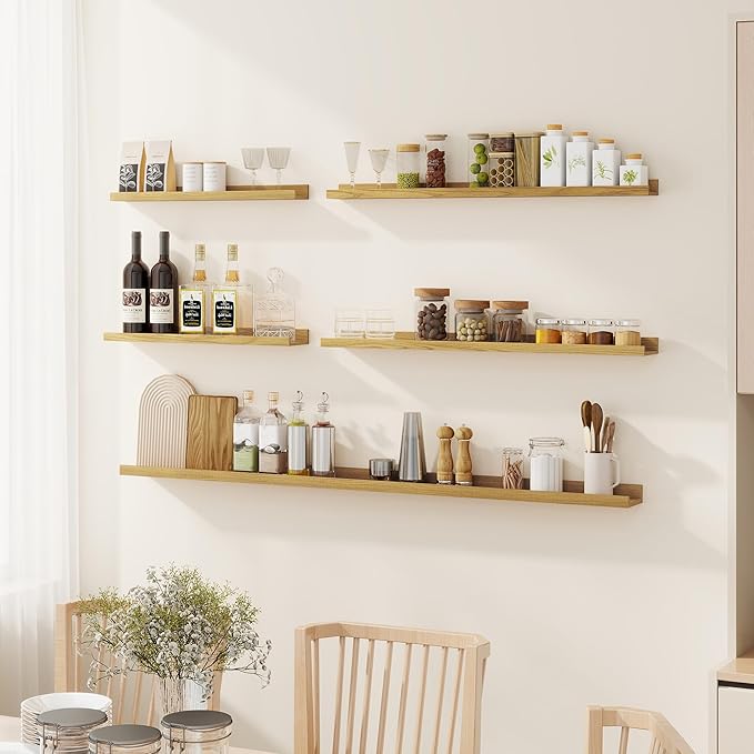 Fun Memories Picture Ledge Shelf - 32 Inches Floating Shelves Set of 4 - Floating Shelves with Lip for Storage - Wood Bookshelf Wall Mounted for Bedroom - Living Room - Kitchen - Oak Color