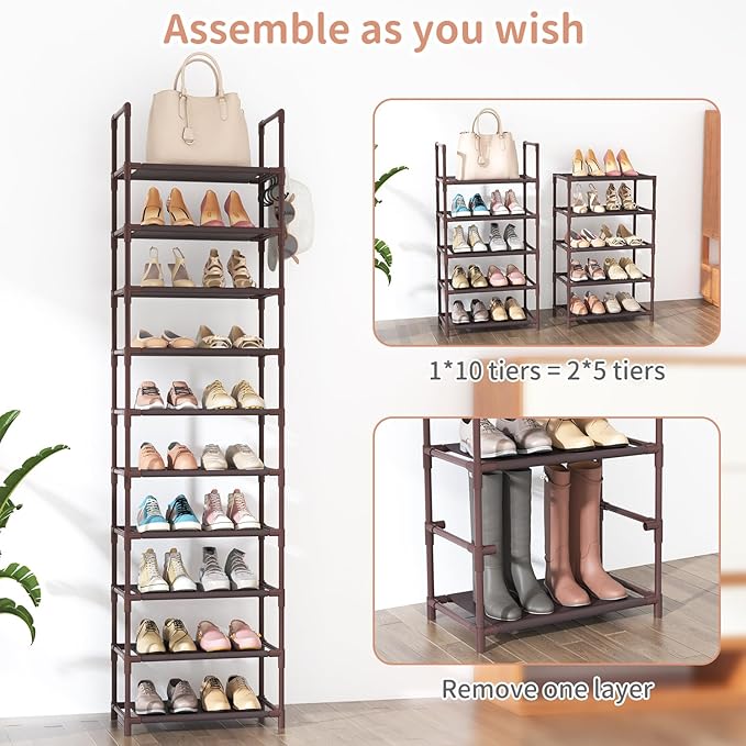10 Tiers Tall Shoe Rack 20-25 Pairs Boots Organizer Storage Sturdy Narrow Shoe Shelf for Entryway, Closets with Hooks, Brown