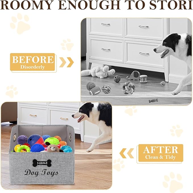 Large Collapsible Dog Toy Basket,Fabric Trapezoid Dog Toy Bin,Stable Dog Toy Storage Box with Metal Handle,for organizing Dog Puppy Toy Blanket Collar Clothes Snacks-Can be Personalized-Gray
