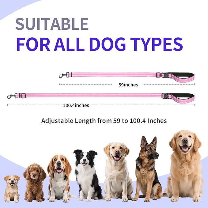 Kazazoo Hands-Free Dog Leash Adjustable Length 5-8 Ft, Waist for Dog Walking, Running for Small &Medium Dogs with Reflective Strips, Ballistic Nylon, Waist Belt, Lightweight Pink