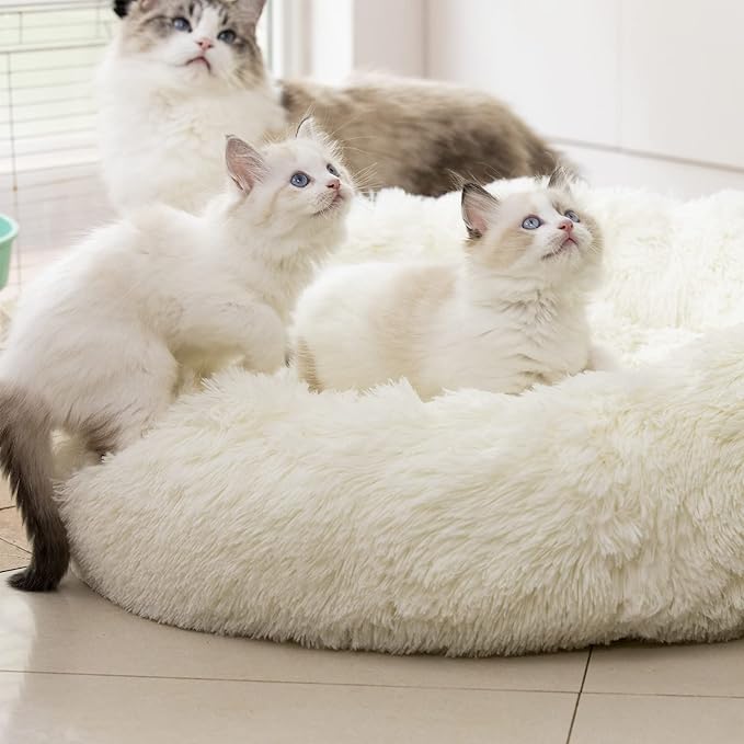 Anti Anxiety Round Fluffy Plush Faux Fur Warm Washable Dog Bed & Cat Bed, Original Bed for Small Medium Large Pets,Used to Relieve Joints and Improve Sleepï¼?0"/24"/27''ï¼?(27", White)