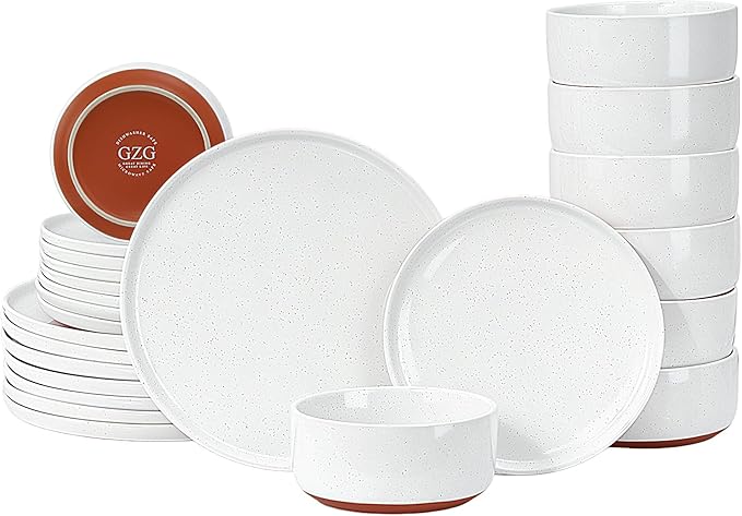 GZG Modern Art Series - 24 Pcs Speckled Stoneware Plates and Bowls Sets, Ceramic Dinnerware Set with Rustic Terracotta Underside, Microwave and Dishwasher Safe Handcrafted Dishes Set - Porcelain White