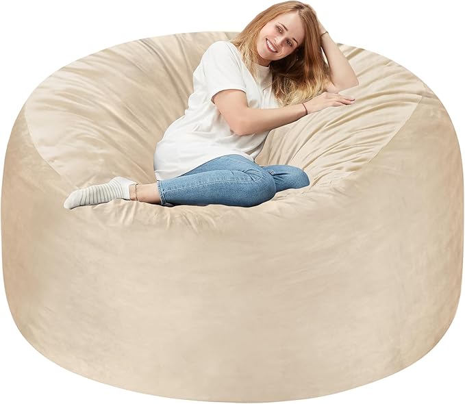 Homguava 5FT Bean Bag Chair Giant BeanBag with Memory Foam Filled, Comfy Bean Bag Chairs for Adults, Adult Bean Bag Chair with Dutch Velvet Cover for Living Room Bedroom-Dark Beige