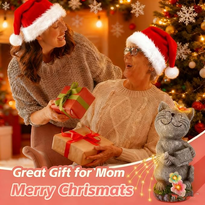 Solar Garden Cat Decor, Animal Statue Outdoor Lights, Mothers Day Birthday Housewarming Gifts for Mom Grandma Women Sister Wife Lady Lover-Patio, Porch, Yard, Balcony Decorations, Lawn Ornaments.