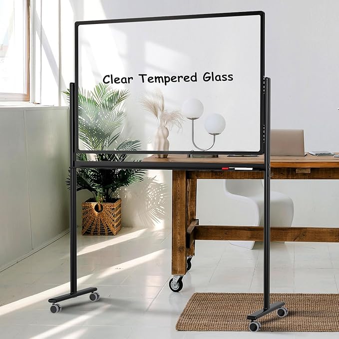 Mobile Clear Glass Whiteboard on Wheels - TANKEE 48" x 32" Dry Erase Board with Stand, Large Rolling White Board with 25 Sheets Paper Pad, Transparent Tempered Glass Board for Office Home School