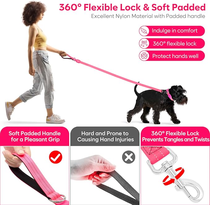 LED Dog Leash, Light Up Dog Leash 4 Ft USB Rechargeable Waterproof, Nylon Reflective Leashes with Padded Handle for Dogs Night Walking Light, Safety Glow in The Dark for Large Medium Pets (Pink)