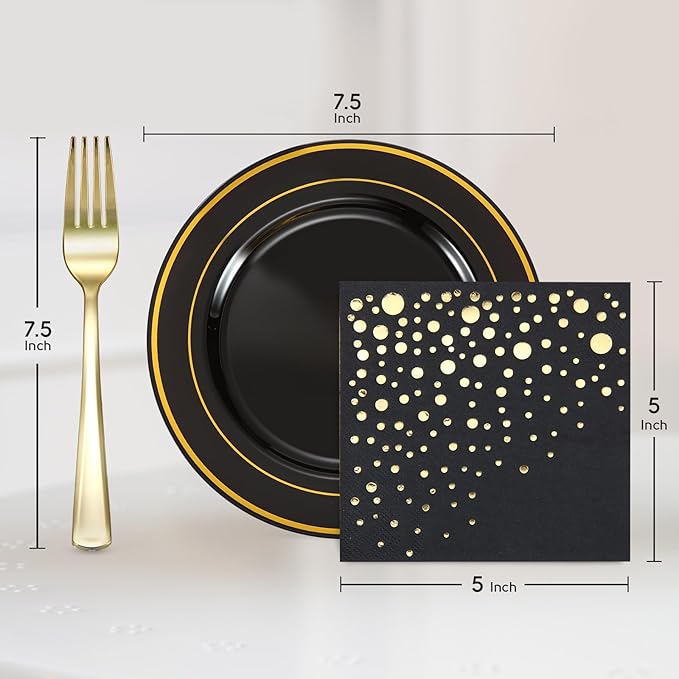 Stylish 7.5 Inch Gold and Black Cake Plates with Disposable Forks and Cocktail Napkins (100 Set of Each) - Small Appetizer Plates, Disposable Cake Plates or Salad Plate - Black Plastic Dessert Plates