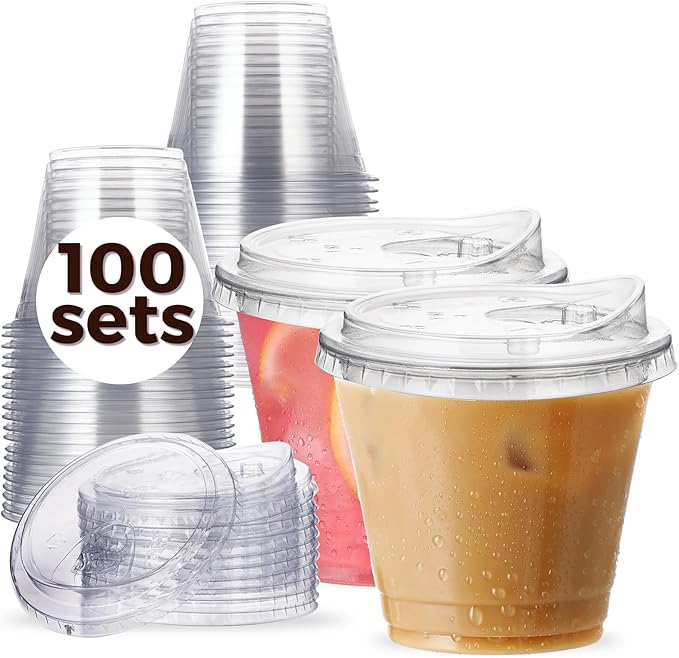 100 Pack 9 oz Clear Plastic Cups with Strawless-Sip-Lids, Disposable Cups Plastic Iced Coffee Cups, To Go Cups with Sip Through Lids for Smoothie, Milkshake, Cold Drinks for Party, Wedding, Event