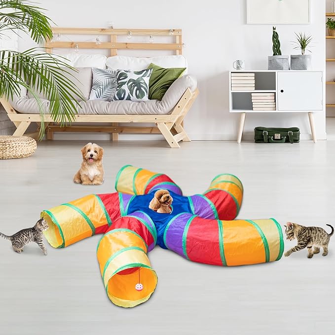 Depets Cat Tunnel for Indoor Cats, 5 Way Large Cat Play Tunnel & Tube with Play Ball, S-Shaped Folded Pet Tube with Interactive Peephole, Ideal for Indoor Exercise for Kittens Puppies Rabbits