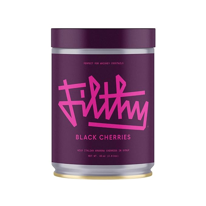 Filthy Cocktail Amarena Black Cherries, Premium Cocktail Garnish, All Natural Wild Italian Amarena Black Cherry, Non-GMO, Gluten Free, Vegan, Slow-Cooked, 45 Oz Tin, 170 Cherries