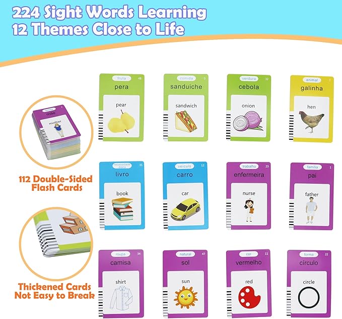 MAYAPHILOS 224 Words Brazil Portuguese and English Talking Flash Cards for Toddlers, Autism Sensory Toys, Portuguese Language Learning Educational Montessori Speech Therapy Toys Gifts for Kids