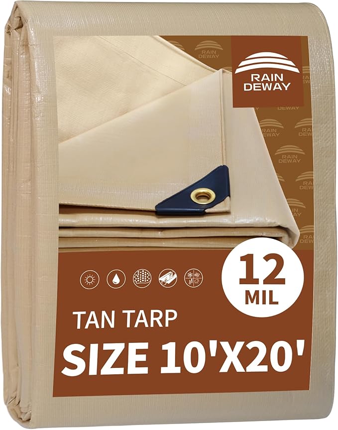 RAINDEWAY 10x20 Feet Heavy Duty Tarp,12 Mil Tan Waterproof Poly Tarp Cover,UV Resistant,Weatherproof,Durable,Multipurpose Tarps with Grommets and Reinforced Edges