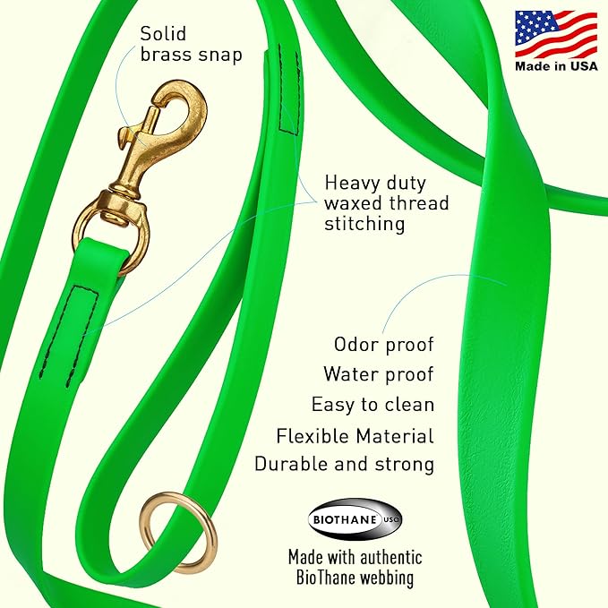 Viper Biothane K9 Working Dog Leash Waterproof Lead for Tracking Training Schutzhund Odor-Proof Long Line with Solid Brass Snap for Puppy Medium and Large Dogs 6ft, Tropical Green