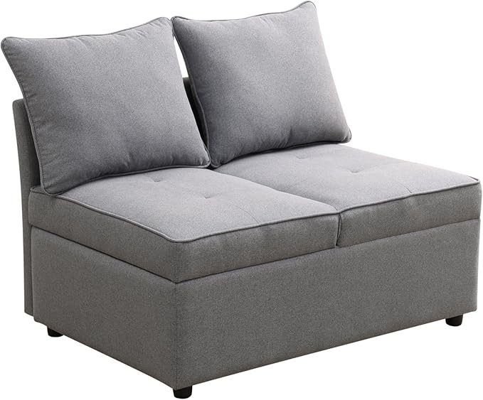 Convertible Ottoman Sofa with Storage, Modern Sackcloth Futon Couch with 2 Pillows Adjustable Backrest, Recliner Folding Loveseat for Living Room, Apartment Dorm, Office,Grey