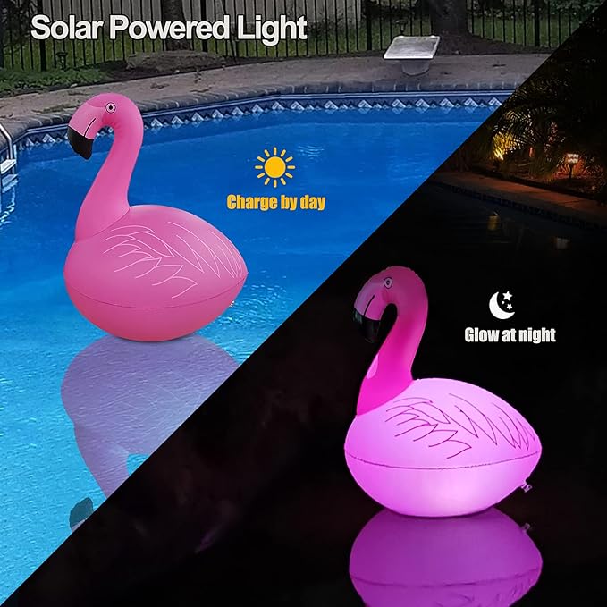 Flamingo Floating Pool Lights, Waterproof Inflatable Solar Pool Lights for Swimming Pool, Outdoor LED Glow Floating Light for Beach, Garden Backyard, Patio Lawn, Hot tub Decor (1 Piece)