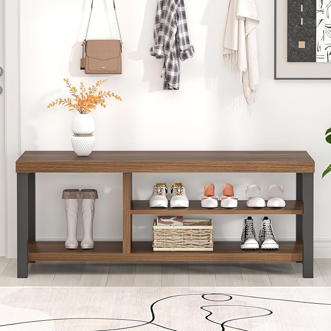 FOLUBAN Shoe Bench, Modern Wood and Metal Storage Bench for Entryway Hallway, Industrial Indoor Shoe Rack Bench Seat for Bedroom, Living Room, Rustic Walnut, 43.3 Inch