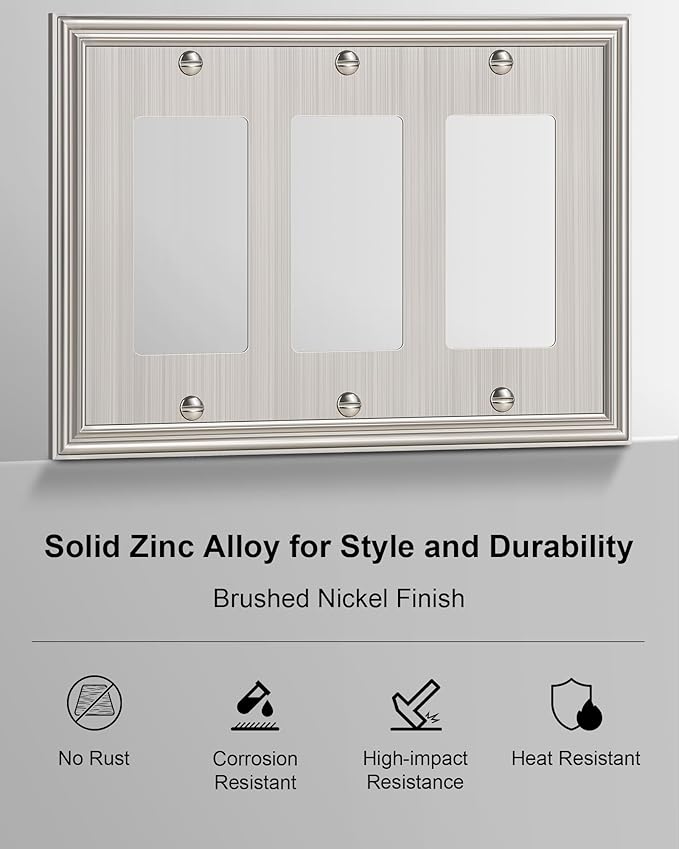 2-Pack Decorative Tripple Decorator Outlet Cover Plate, Durable Zinc Alloy Brushed Nickel Wall Plates for Electrical Outlets, Receptacle, GFCI Outlet, Dimmer Switch, 3-Gang