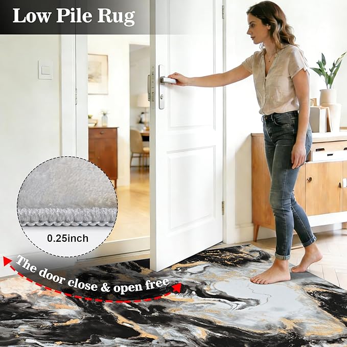 Yinhua 2x7'3 Runner Rug for Hallway, Marble Black and Gold Rugs Non Skid, Washable Kitchen Runner Rug Non Slip, Soft Modern Area Rugs Low Pile, Abstract Carpet for Bathroom Entryway Laundry