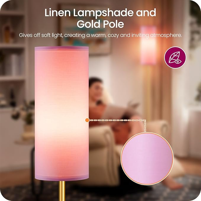 Dimmable Pink Floor Lamp for Living Room with Remote and Foot Switch, Corner Floor Lamp, 64.4'' Standing Tall Lamp, 10W 900LM Bulb Included, 3000K-6500K, Linen Shade, Gold Pink, FCC Listed DP06LD05W1