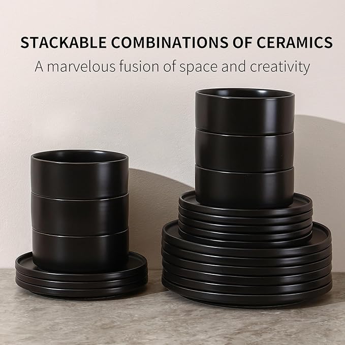 GZG Classic Series - Plates and Bowls Set for 4, 12 Piece Stoneware Dinnerware Sets, Microwave and Dishwasher Safe Lead-Free Handcrafted Ceramic Dishes Set - Matte Black