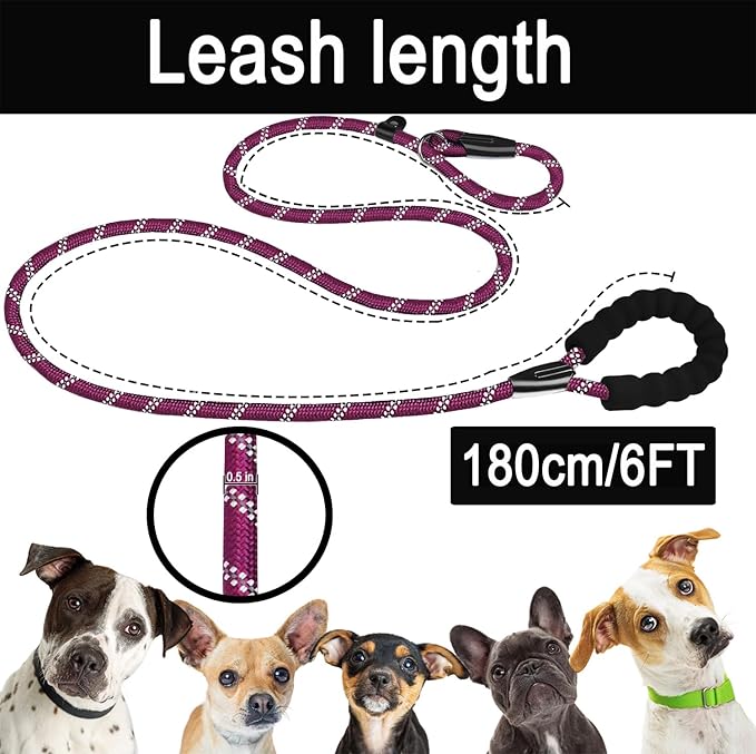 Dog Leash 6 FT, Durable Premium Quality Strong Training Rope Slip Leash with Comfortable Padded Handle and Highly Reflective Threads for Small Medium and Large Dogs, (Wine Red)
