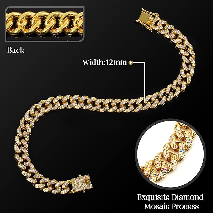 LEIFIDE Dog Chain Collar Diamond Link Puppy Collar 12 mm Wide Dog Necklace Metal Cat Chain Pet Crystal Necklace Jewelry Accessories for Small Medium Large Pet(20 Inch,Gold, AB Color)