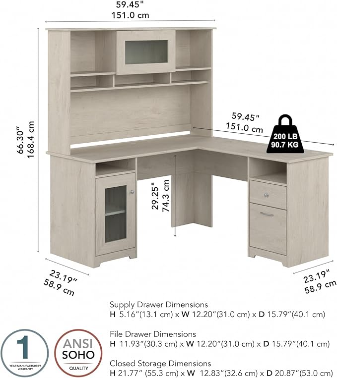 Bush Furniture Cabot L Shaped Desk with Hutch | Corner Desk with Storage for Home Office in Linen White Oak | 60W L Shaped Computer Desk