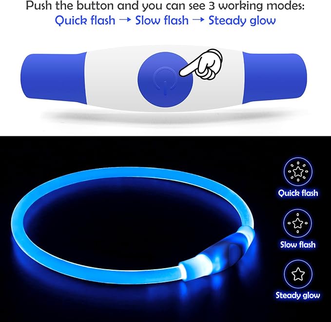 Light up Dog Collar, BSEEN USB Rechargeable Flash Dog Necklace Light, Pet Safety Collar Makes Your Beloved Dogs Be Seen at Night for Small Medium Large Dogs(Blue)