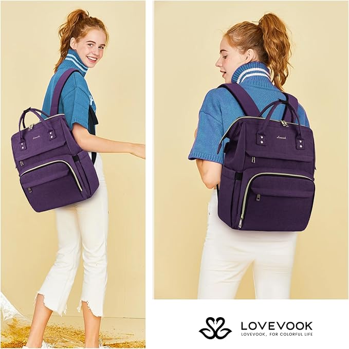 LOVEVOOK Laptop Backpack for Women,17 Inch Professional Womens Travel Backpack Purse Computer Laptop Bag Nurse Teacher Backpack,Waterproof Work Bags Carry on Back Pack with USB Port,Dark Purple