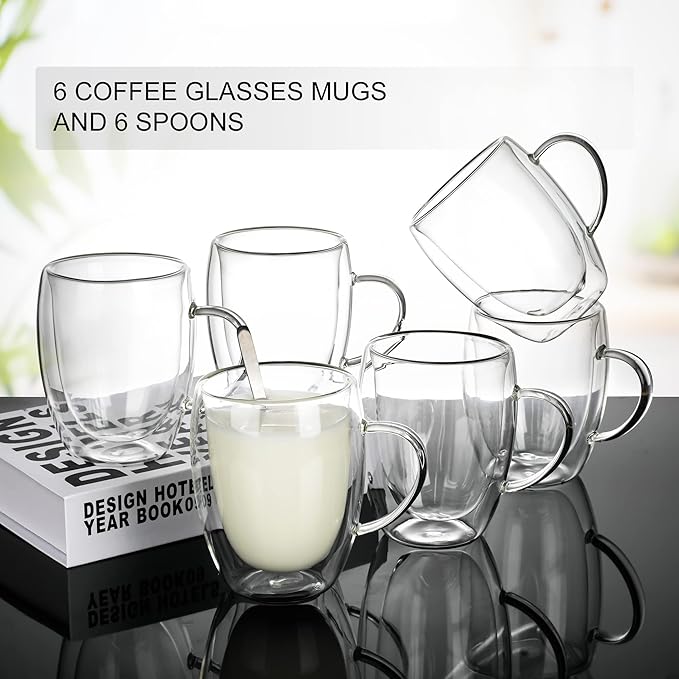 LIBWYS 6 Pack Double Walled Coffee Cups Glasses Mugs, 12oz Espresso Cappuccino Latte Tea Cups with Handle, Heat Resistant Borosilicate Clear Glasses 350ml