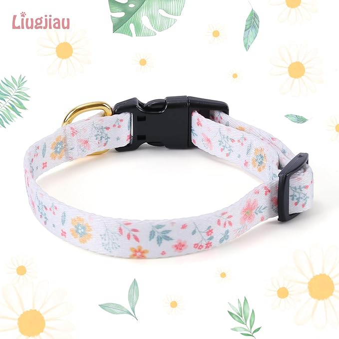Cotton Handmade Dog Collar for Small Medium Large Dogs,White Flowers with Pendant Cute Dog Collars (Large)