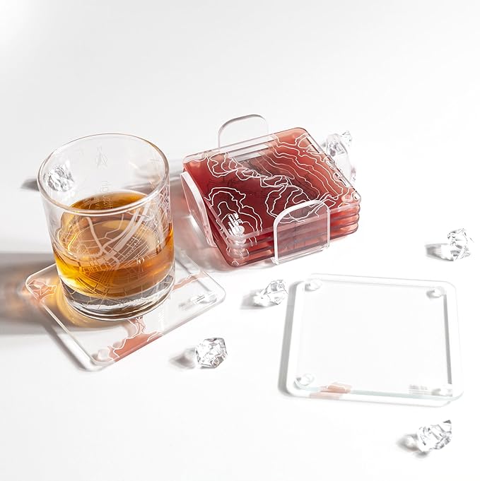 Alta, Utah 3D Contour Map Glass Drink Coasters of Mountains, Ski Resort, Set of 6 with Holder, Housewarming Birthday Gifts, Home Décor