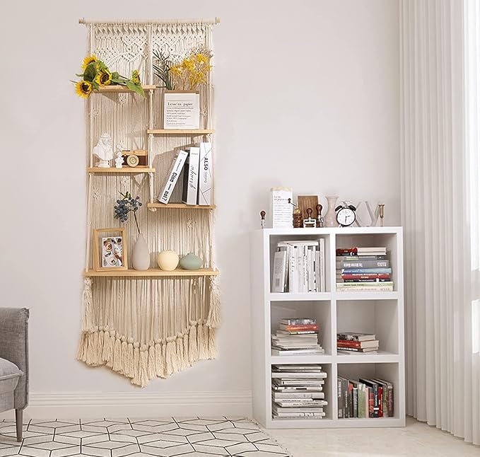 jontell Macrame Wall Hanging Shelf- Macrame Shelves Handmade Decorative Floating Boho Shelf-Plant Shelf Display Rack to Organize and Decor for Living Room, Bedroom, Bathroom…