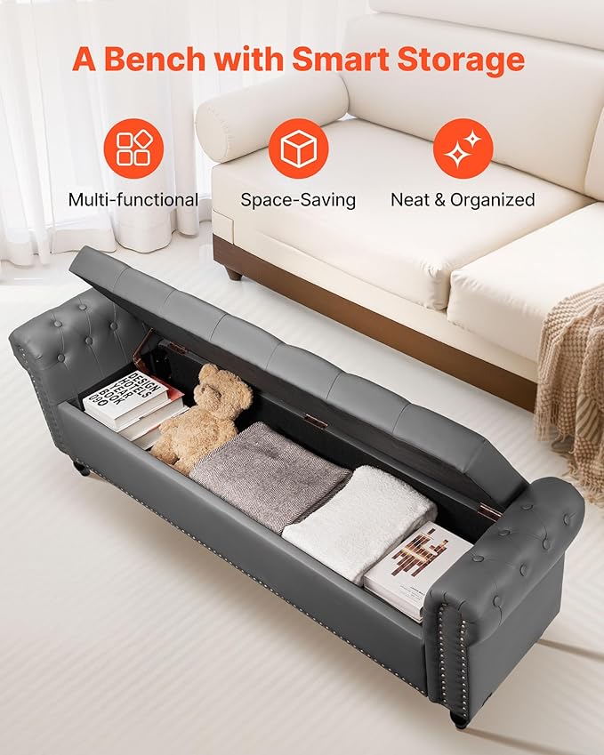 VEVOR Button-Tufted Storage Ottoman Bench, Rolled Arm PU Leather Bench with Solid Wood Legs, Modern Shoe Benches Seat for Entryway, Upholstered End of Bed Benches for Living Room, Dining Room, Gray