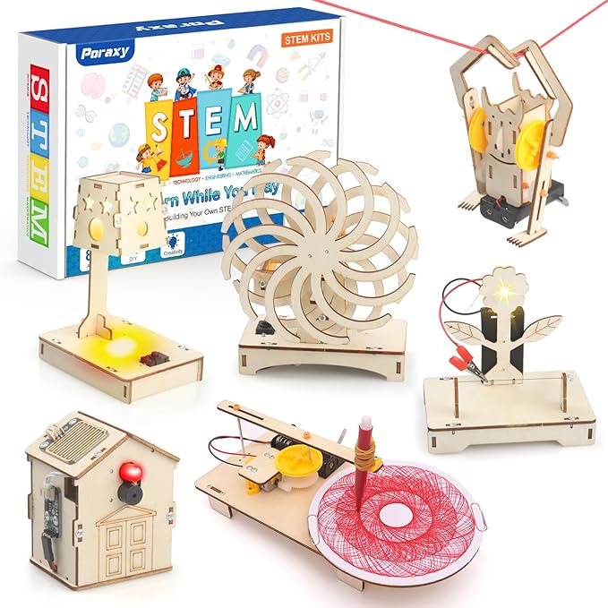 Poraxy 6 in 1 STEM Toys for Kids Ages 8-12, STEM Kits, 3D Wooden Puzzles, Educational Science Projects Building Model Kits, Birthday Gifts for Boys and Girls Ages 7 8 9 10 11 12 13 Years Old