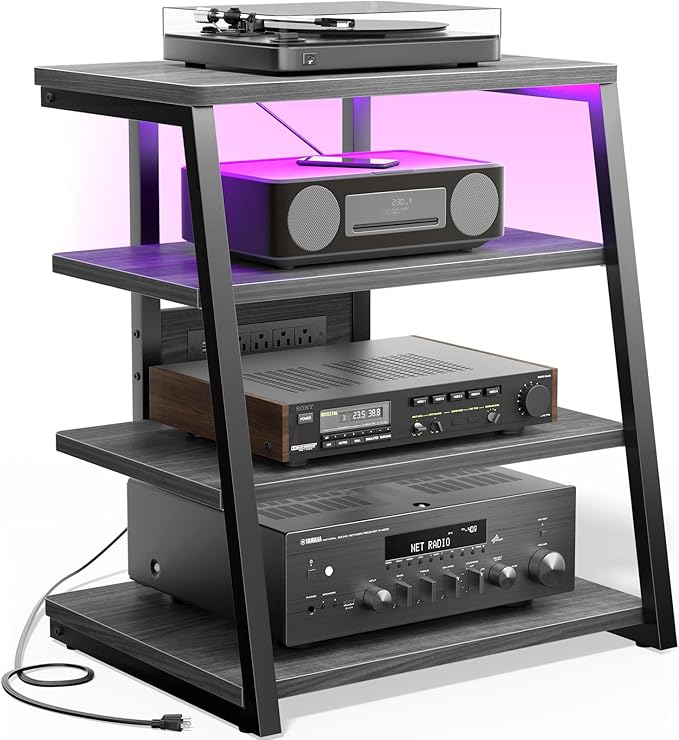 AV Media Stand with Outlets, Media Console with LED Lights, Stereo Racks and Stands with Storage Shelves, Media Audio Tower Stand, Light Grey Walnut