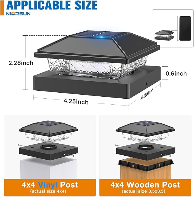 NIORSUN Solar Post Lights Outdoor, Fence Post Solar Lights Cool White, Waterproof, Garden Patio Fence Deck Decor, 4x4 Posts Cap Wood Vinyl, Black 8 Pack