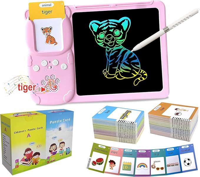 Rylai Toddler Toys Talking Flash Cards, Kindergarten Learning Resources 510 Sight Words with Drawing Tablet for Speaking Doodling, Sensory Toys for Kids with Autism, Boys Girls 2 3 4 5 6, Pink