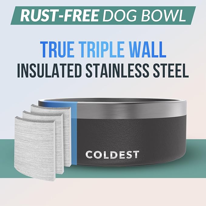 Coldest Dog Bowl - Anti Rust Metal, Non Slip, 3 Layers Insulated Stainless Steel Dog Bowls - Spill Proof & Heavy Duty - Water Bowl for Dogs, Cats & Pets, Dish Washer Safe (64 oz, Stealth Black)