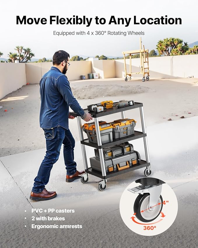 VEVOR Utility Cart, 300 lbs Load Capacity, 27.6 x 18.1-inch Service Cart, Three-Shelf Heavy Duty Plastic Utility Cart with 360° Swivel Wheels (2 with Brakes), Suitable for Warehouse, Garage, Cleaning