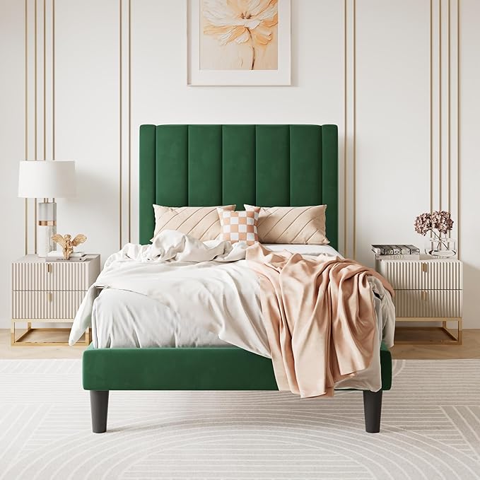 SHA CERLIN Twin Bed Frame/Velvet Upholstered Platform Bed Frame with Headboard/Strong Wood Slats Support/Mattress Foundation/No Box Spring Needed - Green