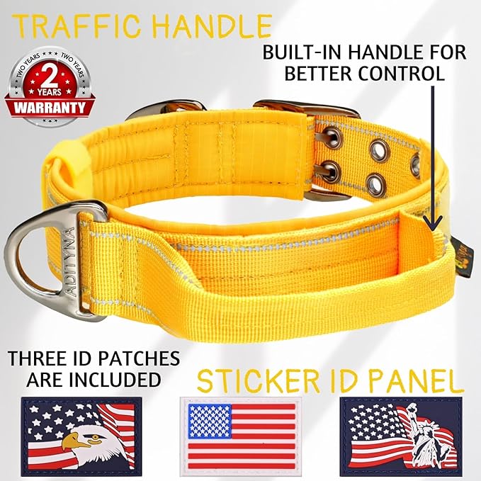 ADITYNA Heavy Duty Dog Collar for Medium Dogs - Reflective Yellow Collar with Handle for Training, and Walking - Wide, Thick, Tactical, Soft Neoprene Padded